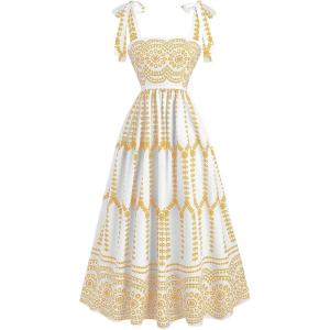 image:imageFloerns Womens Boho Floral Tie Shoulder Dress Straps Sleeveless Ruffle Hem Flowy Summer Vacation Midi DressesYellow