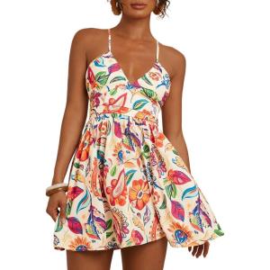 image:imageFloerns Womens Boho Tropical Mini Dress Spaghetti Strap Criss Cross Tie Back Summer Dresses SundressBeige Multi