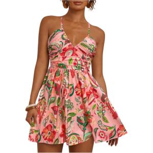 image:imageFloerns Womens Boho Tropical Mini Dress Spaghetti Strap Criss Cross Tie Back Summer Dresses SundressPink