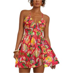 image:imageFloerns Womens Boho Tropical Mini Dress Spaghetti Strap Criss Cross Tie Back Summer Dresses SundressWatermelon Red