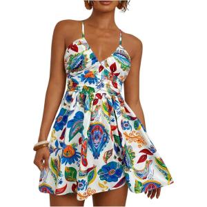 image:imageFloerns Womens Boho Tropical Mini Dress Spaghetti Strap Criss Cross Tie Back Summer Dresses SundressWhite Blue Multi