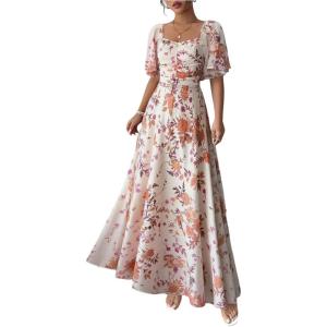 image:imageFloerns Womens Butterfly Short Sleeve Boho Maxi Dress Sweetheart Neck Vacation A Line DressesBeige Floral