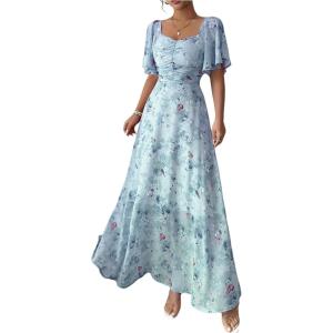 image:imageFloerns Womens Butterfly Short Sleeve Boho Maxi Dress Sweetheart Neck Vacation A Line DressesBlue