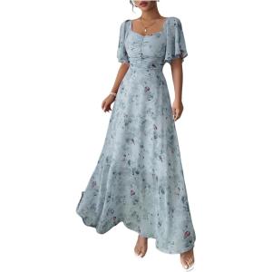 image:imageFloerns Womens Butterfly Short Sleeve Boho Maxi Dress Sweetheart Neck Vacation A Line DressesDusty Blue