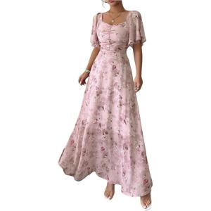 image:imageFloerns Womens Butterfly Short Sleeve Boho Maxi Dress Sweetheart Neck Vacation A Line DressesDusty Pink