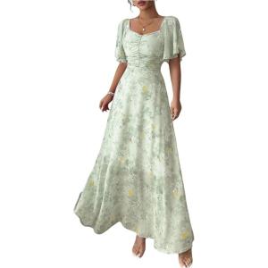 image:imageFloerns Womens Butterfly Short Sleeve Boho Maxi Dress Sweetheart Neck Vacation A Line DressesGreen