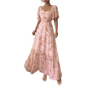 image:imageFloerns Womens Butterfly Short Sleeve Boho Maxi Dress Sweetheart Neck Vacation A Line DressesLight Orange