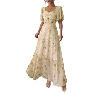image:imageFloerns Womens Butterfly Short Sleeve Boho Maxi Dress Sweetheart Neck Vacation A Line DressesLight Yellow