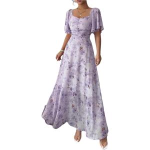 image:imageFloerns Womens Butterfly Short Sleeve Boho Maxi Dress Sweetheart Neck Vacation A Line DressesMauve Purple