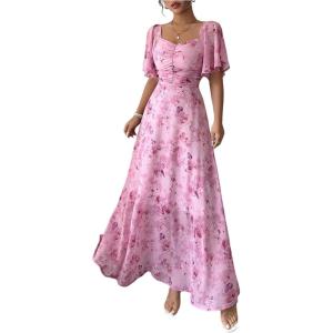 image:imageFloerns Womens Butterfly Short Sleeve Boho Maxi Dress Sweetheart Neck Vacation A Line DressesPink