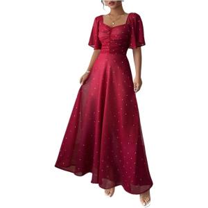 image:imageFloerns Womens Butterfly Short Sleeve Boho Maxi Dress Sweetheart Neck Vacation A Line DressesRed
