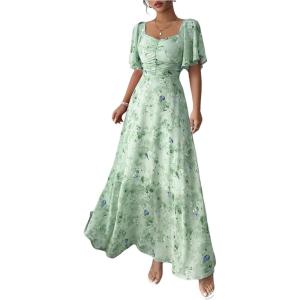 image:imageFloerns Womens Butterfly Short Sleeve Boho Maxi Dress Sweetheart Neck Vacation A Line DressesTurquoise