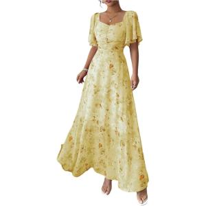 image:imageFloerns Womens Butterfly Short Sleeve Boho Maxi Dress Sweetheart Neck Vacation A Line DressesYellow