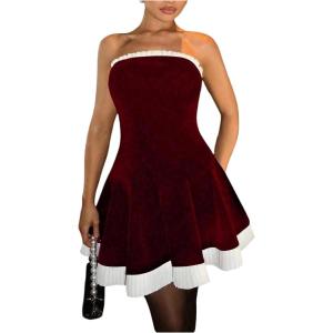image:imageFloerns Womens Contrast Binding Tube Tops Dress Pleated Tiered Party A Line DressesBurgundy