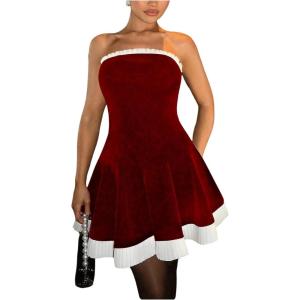 image:imageFloerns Womens Contrast Binding Tube Tops Dress Pleated Tiered Party A Line DressesRed