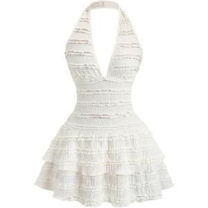 image:imageFloerns Womens Cute Halter Mini Dress Frill Trim Layered Ruffle A Line Going Out DressesWhite