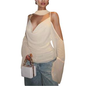 image:imageFloerns Womens Elegant Cowl Neck Blouse Top Cold Shoulder Long Sleeve Shirts with ScarfBeige