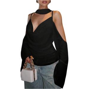 image:imageFloerns Womens Elegant Cowl Neck Blouse Top Cold Shoulder Long Sleeve Shirts with ScarfBlack