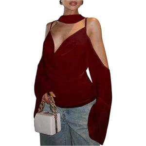 image:imageFloerns Womens Elegant Cowl Neck Blouse Top Cold Shoulder Long Sleeve Shirts with ScarfBurgundy