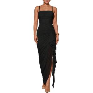image:imageFloerns Womens Elegant Mesh Cami Dress Ruched Ruffle Side Slit Bodycon Maxi Prom DressesBlack