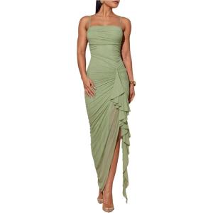 image:imageFloerns Womens Elegant Mesh Cami Dress Ruched Ruffle Side Slit Bodycon Maxi Prom DressesMint Green