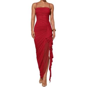 image:imageFloerns Womens Elegant Mesh Cami Dress Ruched Ruffle Side Slit Bodycon Maxi Prom DressesRed