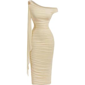 image:imageFloerns Womens Elegant Off The Shoulder Midi Dress Metal Sleeveless Ruched Slim Fit Bodycon Party DressesApricot