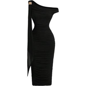 image:imageFloerns Womens Elegant Off The Shoulder Midi Dress Metal Sleeveless Ruched Slim Fit Bodycon Party DressesBlack