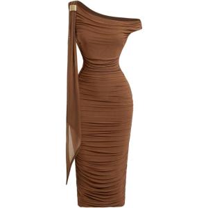 image:imageFloerns Womens Elegant Off The Shoulder Midi Dress Metal Sleeveless Ruched Slim Fit Bodycon Party DressesBrown