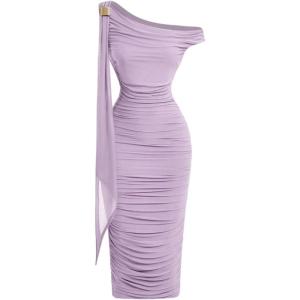 image:imageFloerns Womens Elegant Off The Shoulder Midi Dress Metal Sleeveless Ruched Slim Fit Bodycon Party DressesLilac Purple