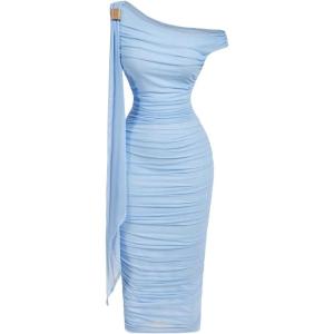 image:imageFloerns Womens Elegant Off The Shoulder Midi Dress Metal Sleeveless Ruched Slim Fit Bodycon Party DressesPale Blue