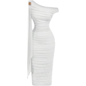 image:imageFloerns Womens Elegant Off The Shoulder Midi Dress Metal Sleeveless Ruched Slim Fit Bodycon Party DressesWhite