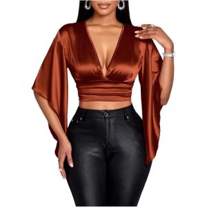 image:imageFloerns Womens Elegant Satin V Neck Bell Sleeve Crop Top Cut Out Tie Ruffle Trim Back 34 Sleeve BlouseBrown