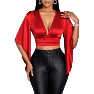 image:imageFloerns Womens Elegant Satin V Neck Bell Sleeve Crop Top Cut Out Tie Ruffle Trim Back 34 Sleeve BlouseRed