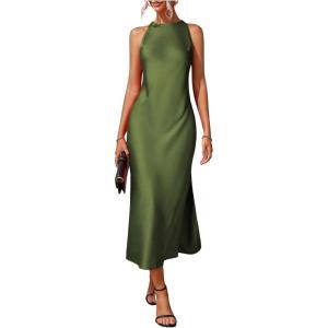 image:imageFloerns Womens Elegant Sleeveless Crew Neck Maxi Dress Slit Cocktail Tank DressArmy Green