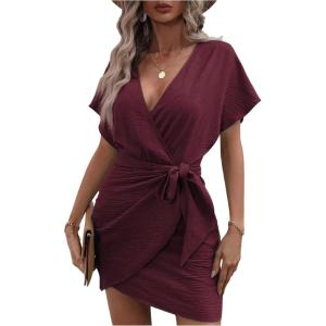 image:imageFloerns Womens Fall Fashion Cocktail Wrap Deep V Neck Dress Tie Side Dolman Sleeve Summer Short DressesBurgundy