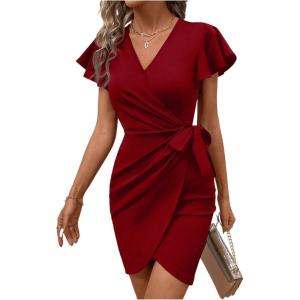 image:imageFloerns Womens Fall Fashion Cocktail Wrap Deep V Neck Dress Tie Side Dolman Sleeve Summer Short DressesRed