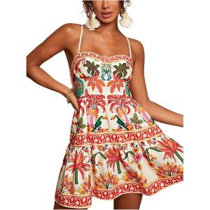 image:imageFloerns Womens Floral Boho Mini Dress Spaghetti Strap Vintage Tiered Ruffle Summer Beach Vacation Short DressesBeige Multi