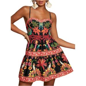 image:imageFloerns Womens Floral Boho Mini Dress Spaghetti Strap Vintage Tiered Ruffle Summer Beach Vacation Short DressesBlack and Red