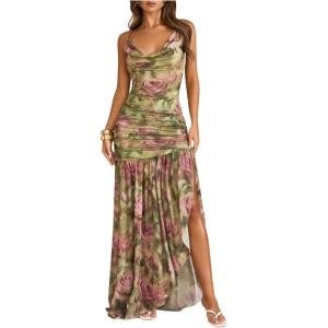 image:imageFloerns Womens Floral Cowl Neck Halter Dress Sleeveless Split Ruffle Vacation Maxi DressesGreen