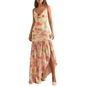 image:imageFloerns Womens Floral Cowl Neck Halter Dress Sleeveless Split Ruffle Vacation Maxi DressesLight Yellow