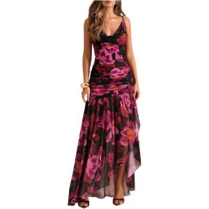 image:imageFloerns Womens Floral Cowl Neck Halter Dress Sleeveless Split Ruffle Vacation Maxi DressesPink