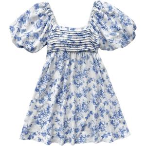 image:imageFloerns Womens Floral Dress Puff Sleeve Dress Square Neck Summer Vacation Picnic Mini DressesBlue and White