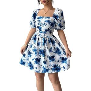image:imageFloerns Womens Floral Dress Puff Sleeve Dress Square Neck Summer Vacation Picnic Mini DressesLake Blue