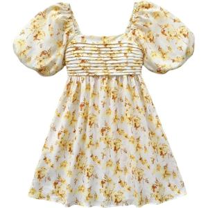 image:imageFloerns Womens Floral Dress Puff Sleeve Dress Square Neck Summer Vacation Picnic Mini DressesYellow and White