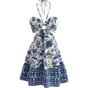 image:imageFloerns Womens Floral Halter Neck Vacation Dress Sleeveless Cut Out Boho Cami DressBlue and White