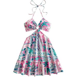image:imageFloerns Womens Floral Halter Neck Vacation Dress Sleeveless Cut Out Boho Cami DressPink Multi