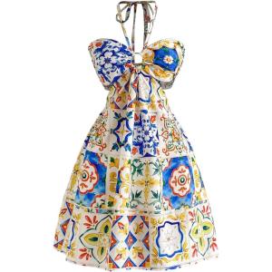image:imageFloerns Womens Floral Halter Neck Vacation Dress Sleeveless Cut Out Boho Cami DressYellow Multi