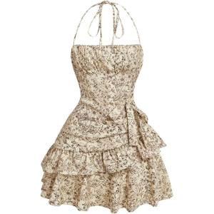 image:imageFloerns Womens Floral Halter Ruffle Tiered Cute Summer Mini Dress Milkmaid Vacation SundressApricot
