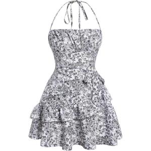 image:imageFloerns Womens Floral Halter Ruffle Tiered Cute Summer Mini Dress Milkmaid Vacation SundressBlack and White